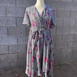 Torrid Black & White Stripe Floral Faux Wrap Dress